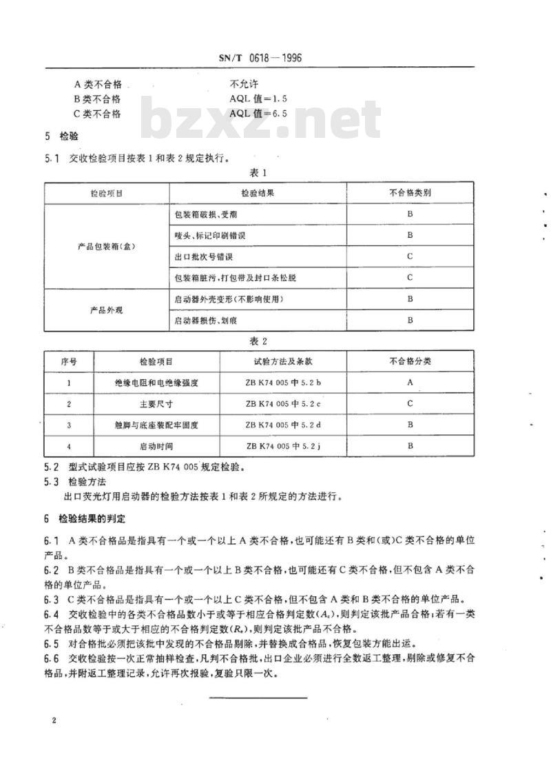 SN/T 0618-1996 出口荧光灯启动器检验规程