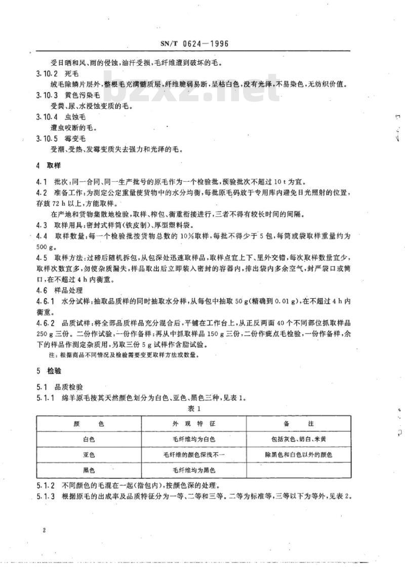 SN/T 0624-1996 出口西藏绵羊原毛检验规程