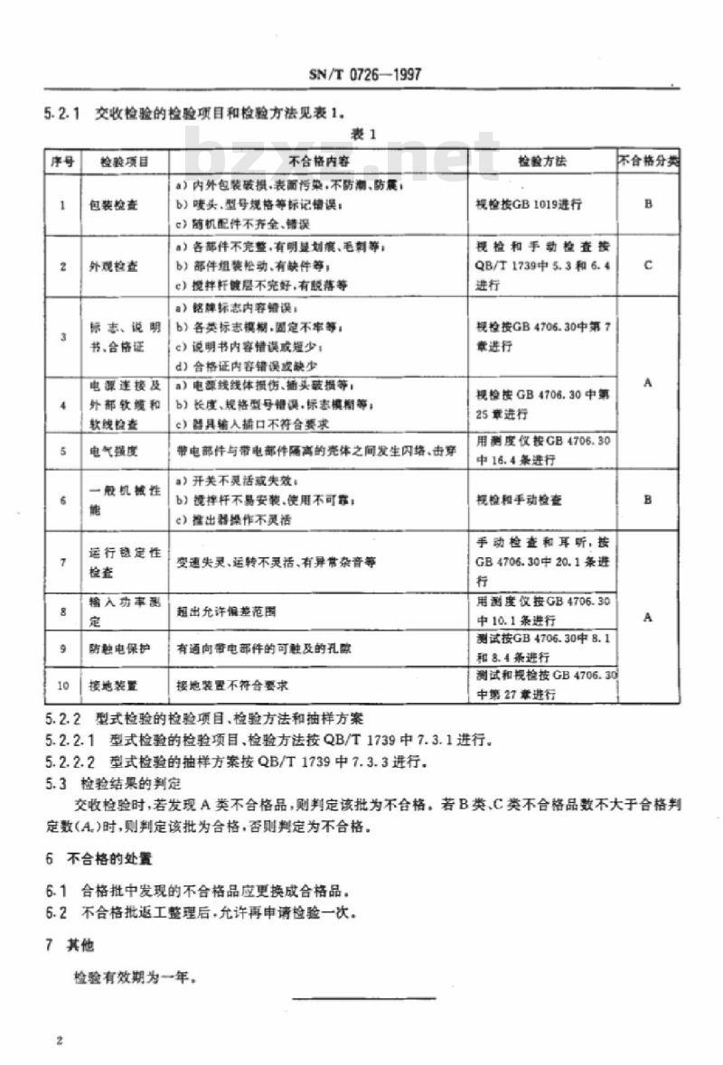 SN/T 0726-1997 出口家用电动搅拌器检验规程