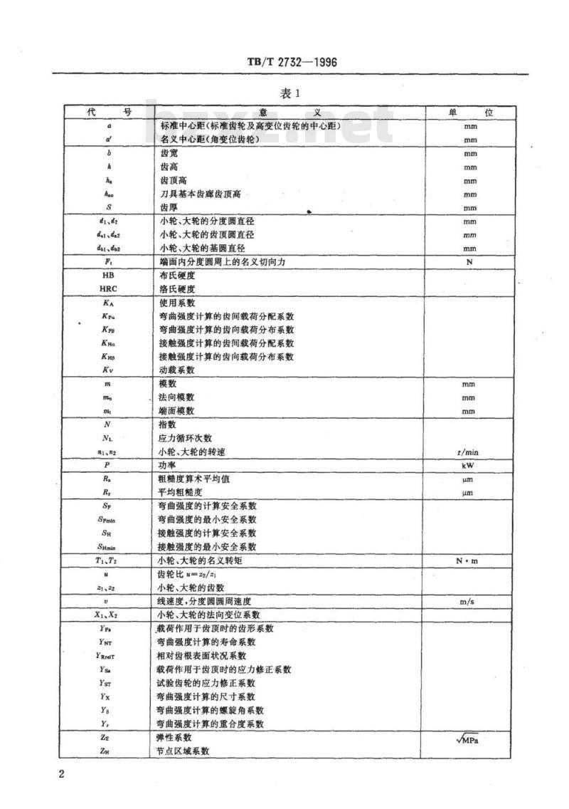 TB/T 2732-1996 内燃及电力机车牵引齿轮接触与弯曲承载能力计算方法