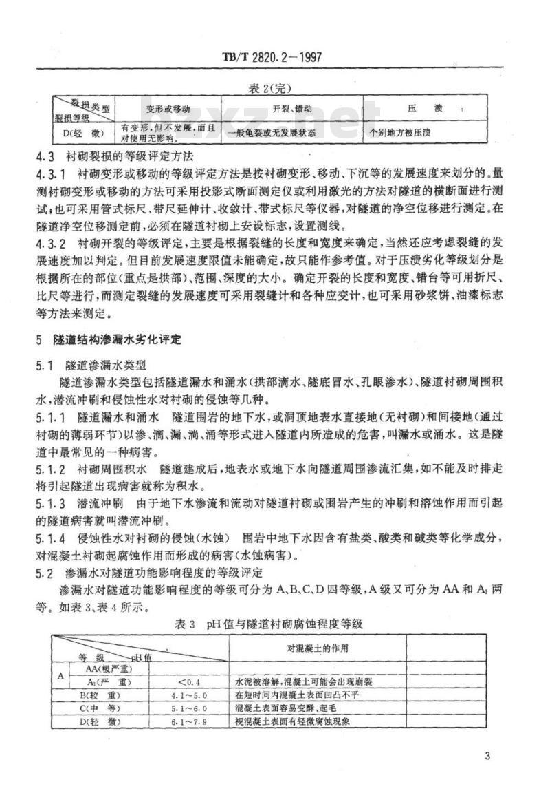 TB/T 2820.2-1997 铁路桥隧建筑物劣化评定标准 隧道