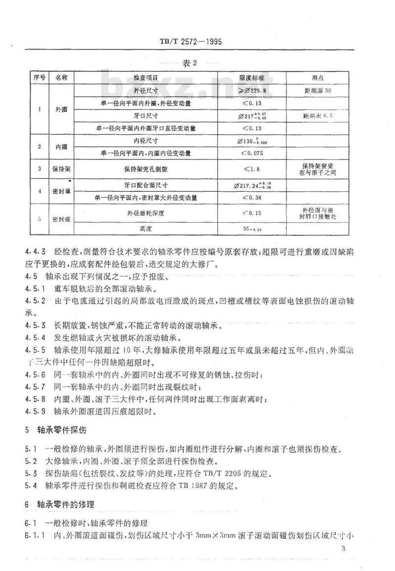 TB/T 2572-1995 货车无轴箱滚子轴承(197726型)检修技术条件