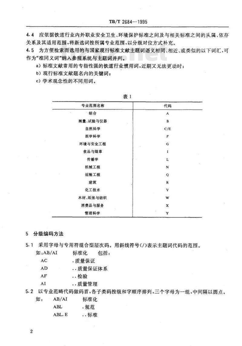TB/T 2684-1995 铁路职业安全卫生与环境保护标准文献主题词分类与编码原则