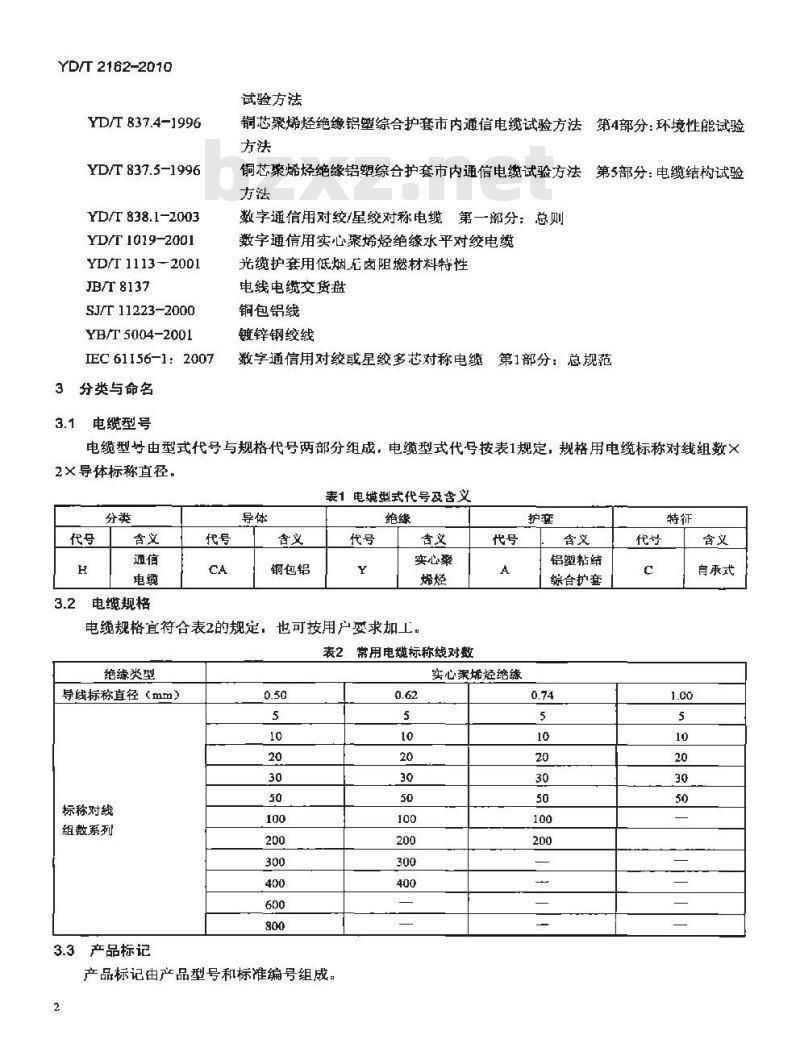 YD/T 2162-2010 铜包铝芯聚烯烃绝缘铝塑综合护套市内通信电缆