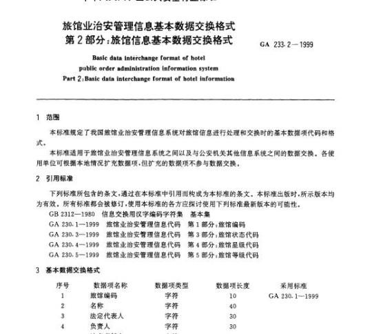 GA 233.2-1999 旅馆业治安管理信息基本数据交换格式第2部分:旅馆信息基本数据交换格式