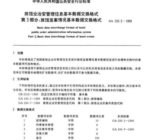 GA 233.3-1999 旅馆业治安管理信息基本数据交换格式第3部分:旅馆发案情况基本数据交换格式