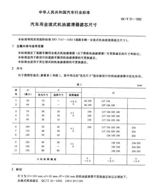 QC/T 31-1992 汽车用全流式机油滤清器滤芯尺寸