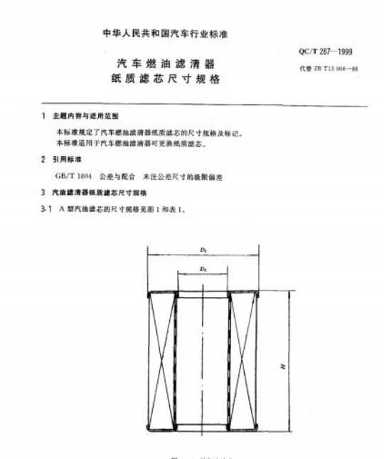 QC/T 287-1999 汽车燃油滤清器纸质滤芯尺寸规格