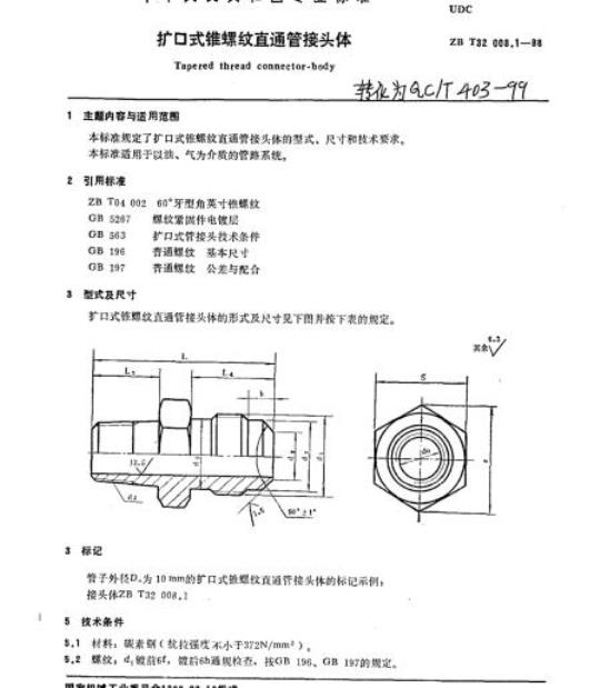 QC/T 403-99 扩口式锥螺纹直通管接头体