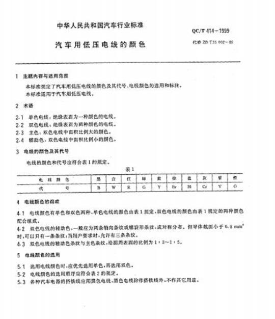 QC/T 414-1999 汽车用低压电线的颜色
