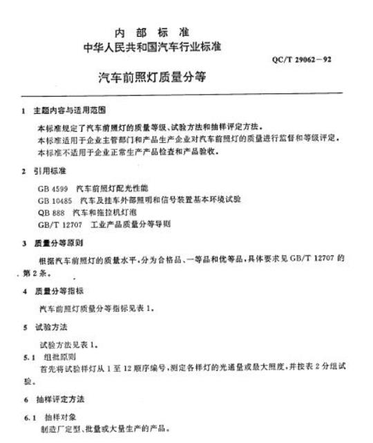 QC/T 29062-92 汽车前照灯质量分等