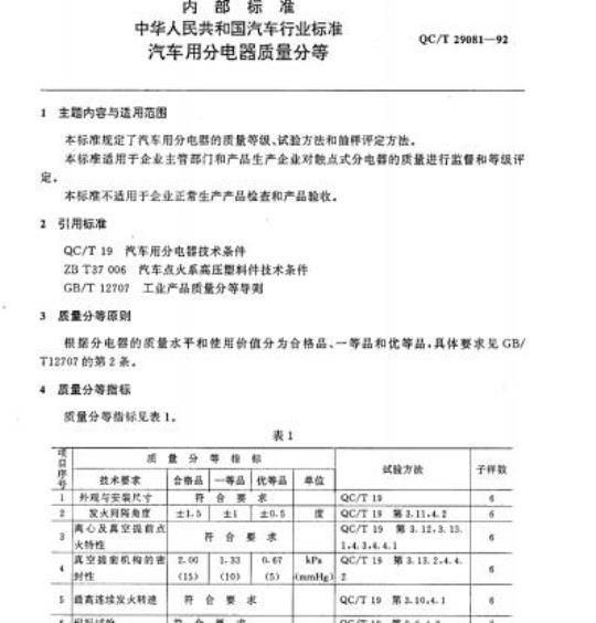 QC/T 29081-92 汽车用分电器质量分等