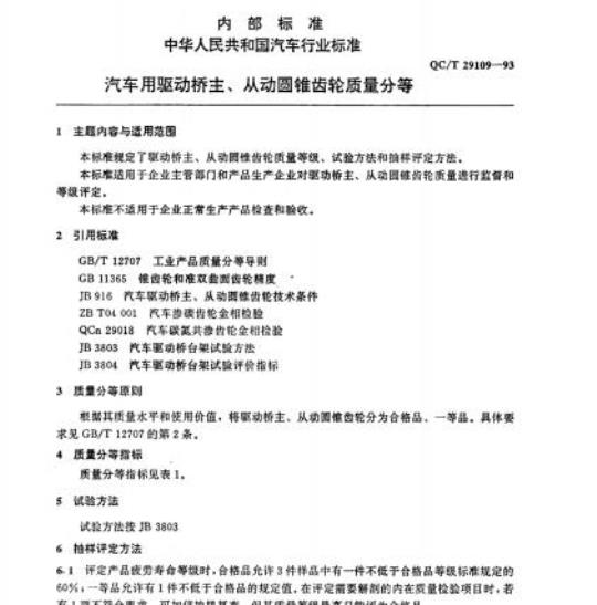 QC/T 29109-93 汽车用驱动桥主、从动圆锥齿轮质量分等