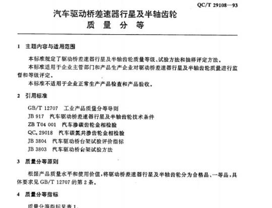 QC/T 29108-93 汽车驱动桥差速器行星及半轴齿轮质量分等