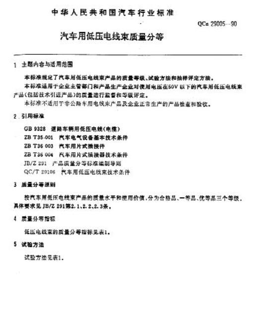 QCn 29005-90 汽车用低压电线束质量分等