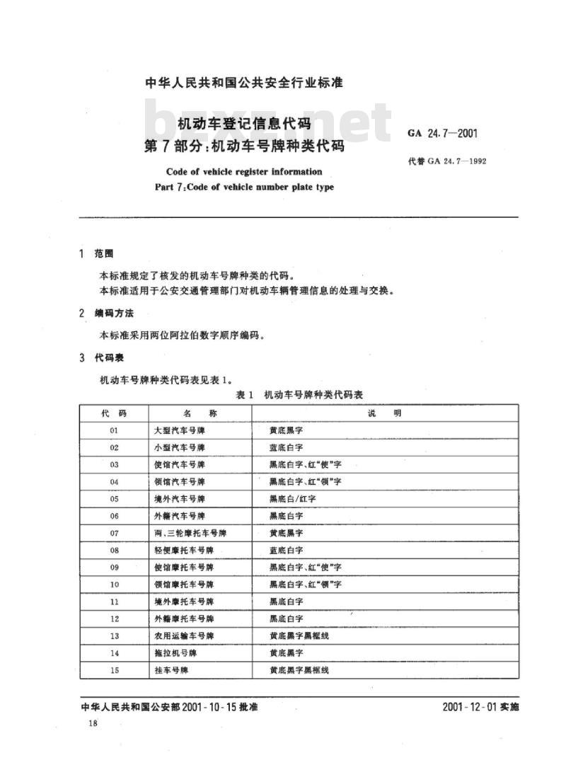 GA 24.7-2001 机动车登记信息代码 第7部分:机动车号牌种类代码
