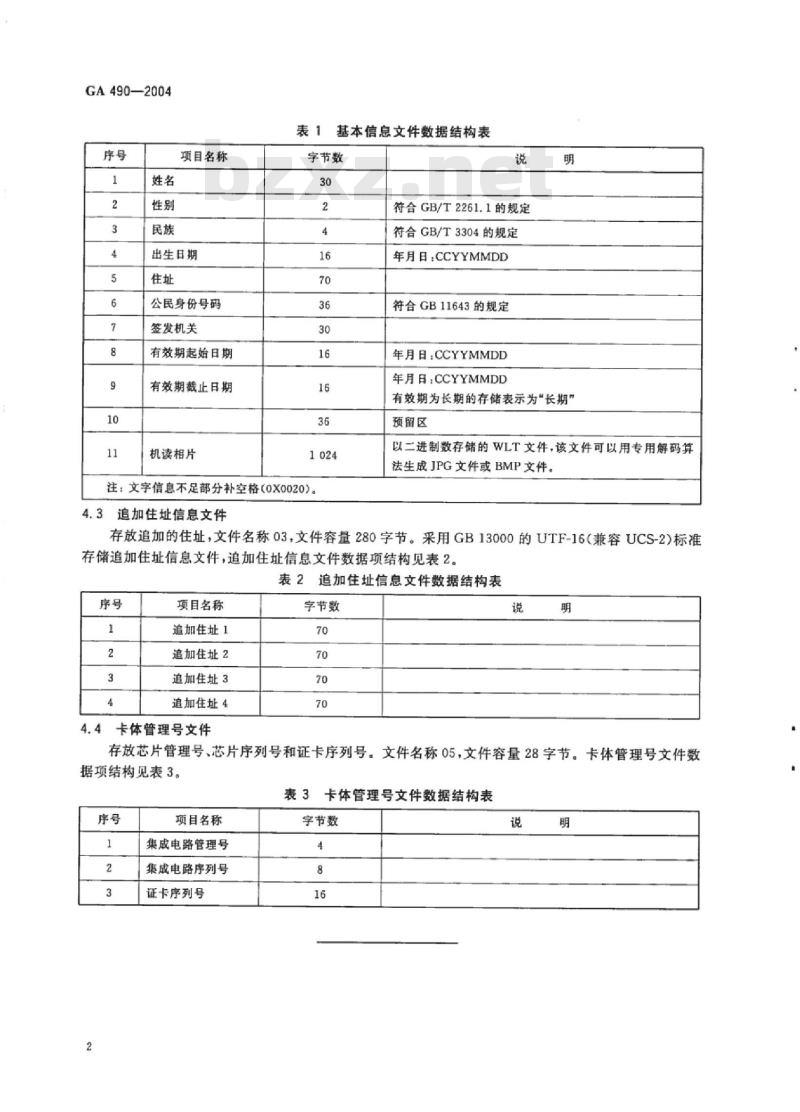 GA 490-2004 居民身份证机读信息规范
