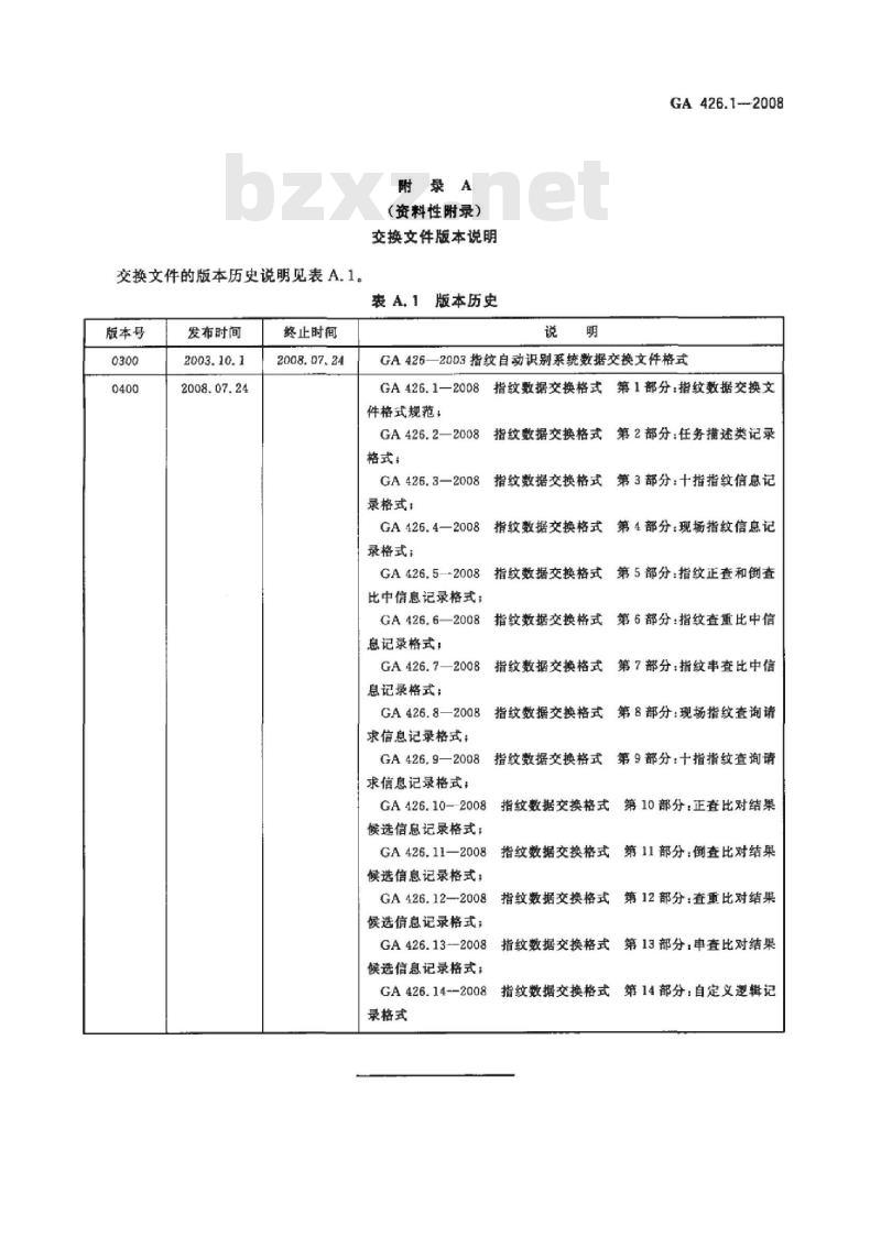 GA 426.1-2008 指纹数据交换格式第1部分:指纹数据交换文件格式规范