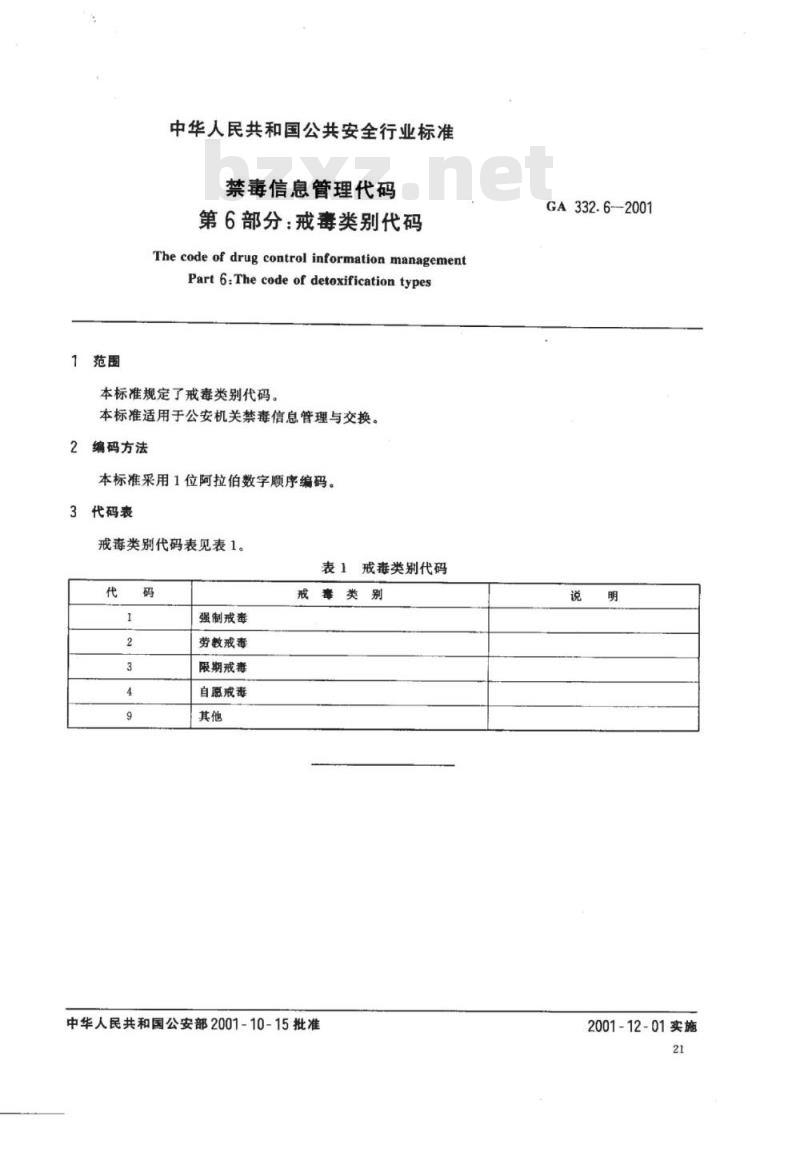 GA 332.6-2001 禁毒信息管理代码第6部分:戒毒类别代码
