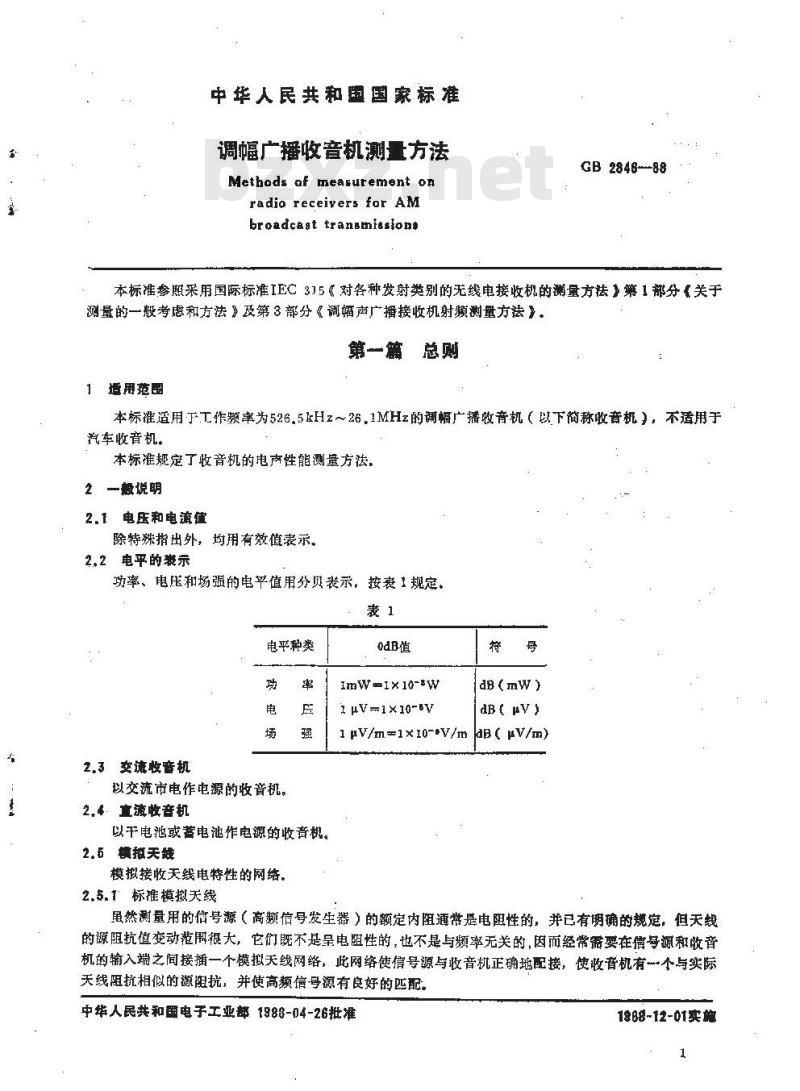 GB 2846-1988 调幅广播收音机测量方法