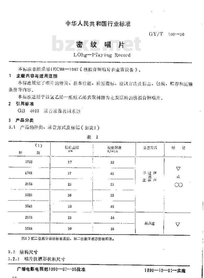 GY/T 100-1990 密纹唱片