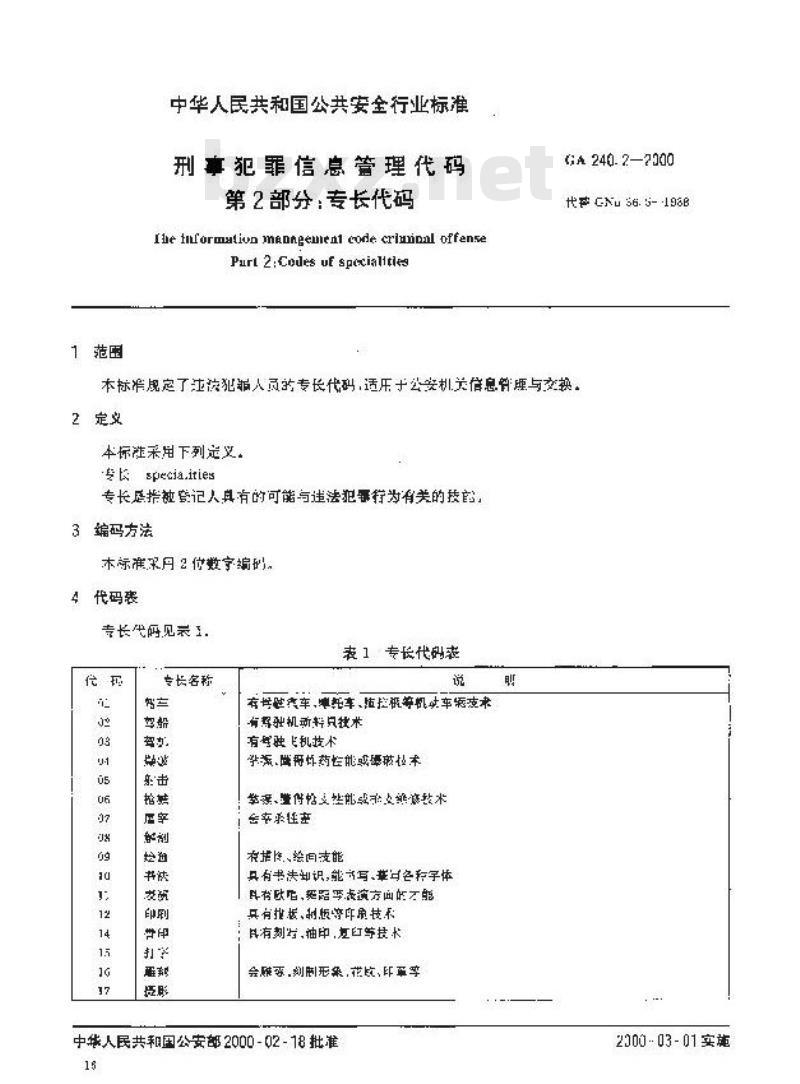 GA 240.2-2000 刑事犯罪信息管理代码第2部分:专长代码
