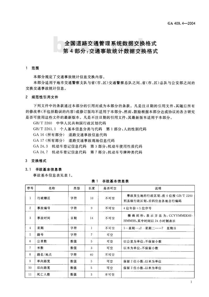 GA 409.4-2004 全国道路交通管理系统数据交换格式第4部分:交通事故统计数据交换格式