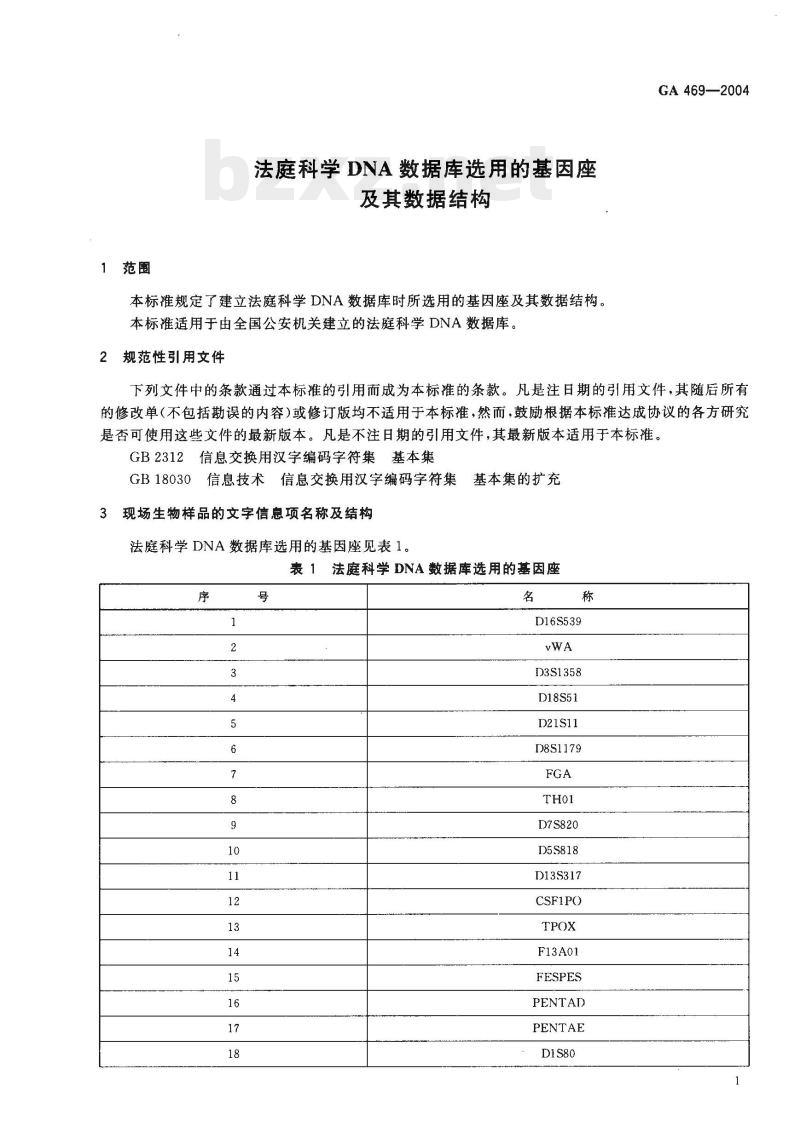 GA 469-2004 法庭科学DNA数据库选用的基因座及其数据结构
