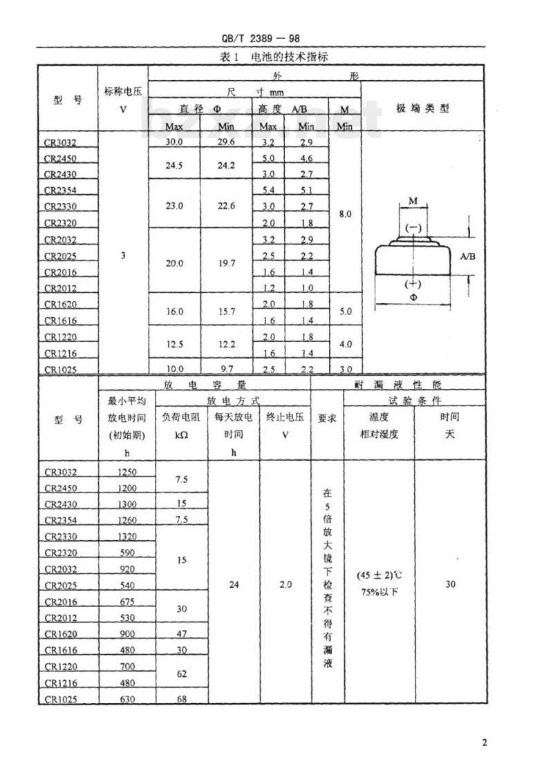 QB/T 2389一1998 锂-二氧化锰扣式电池