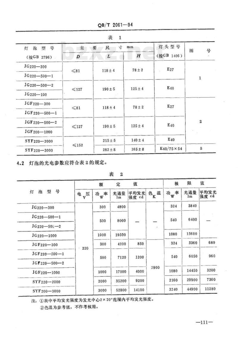 QB/T 2061-1994 聚光灯泡及反射型聚光、摄影灯泡