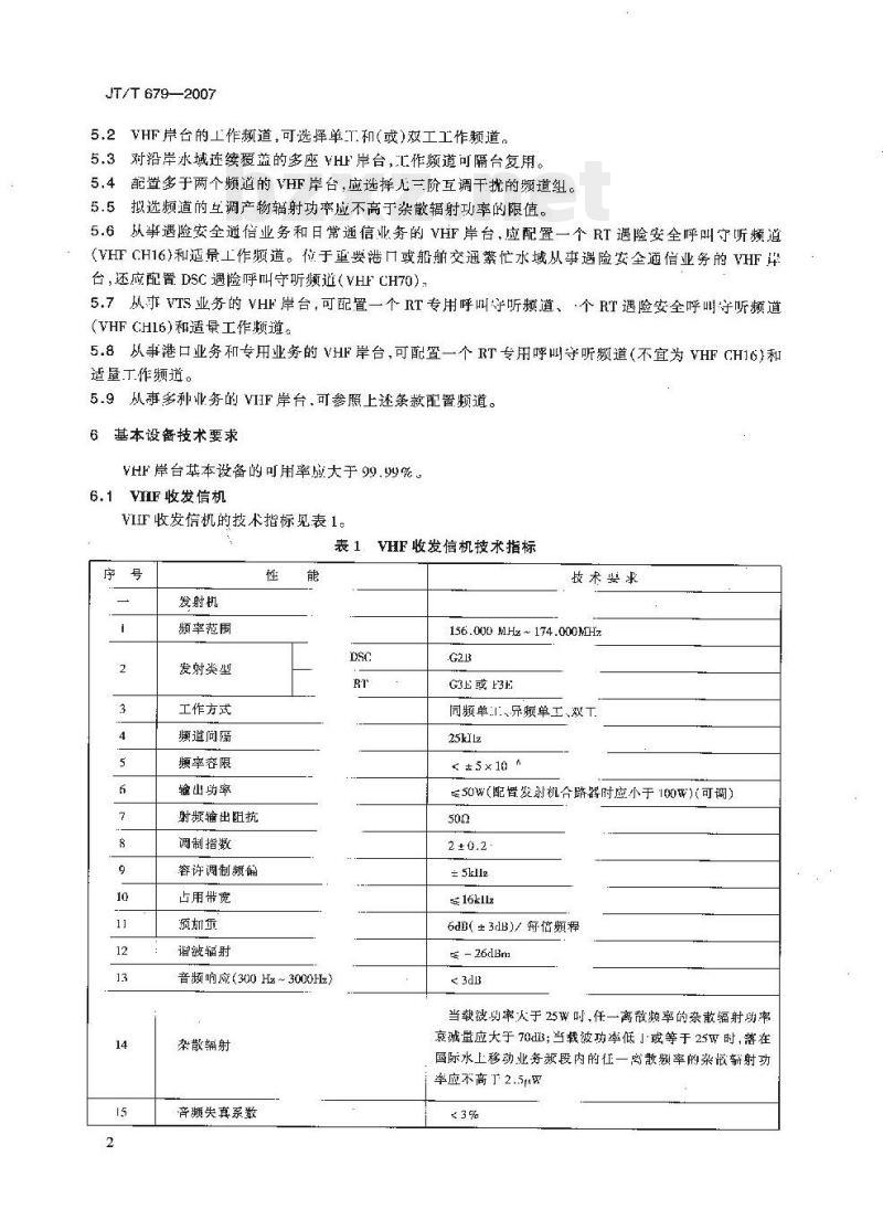 JT/T 679-2007 甚高频(VHF)岸台技术要求