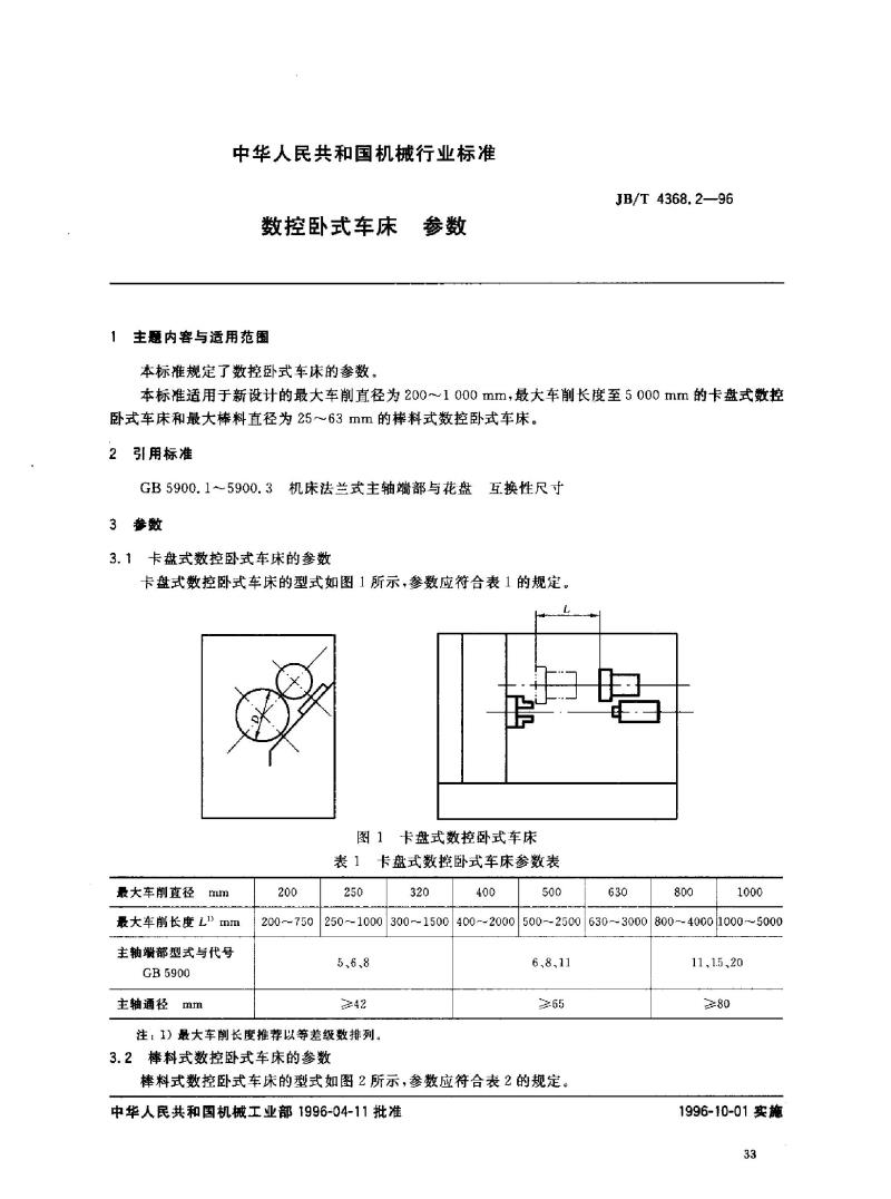 JB/T 4368.2-1996 数控卧式车床 参数