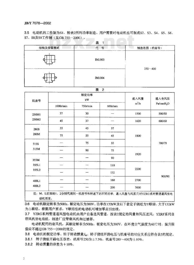 JB/T 7078-2002 YZRF、YZRG系列起重及冶金用强迫通风型绕线转子三相制异步电动机技术条件