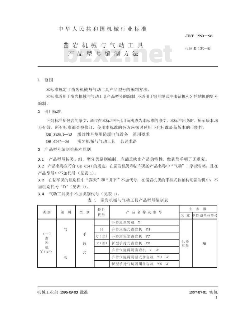 JB/T 1590-1996 凿岩机械与气动工具产品型号编制方法