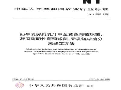 NY/T 2962-2016 奶牛乳房炎乳汁中金黄色葡萄球菌、凝固酶阴性葡萄球菌、无乳链球菌分离鉴定方法