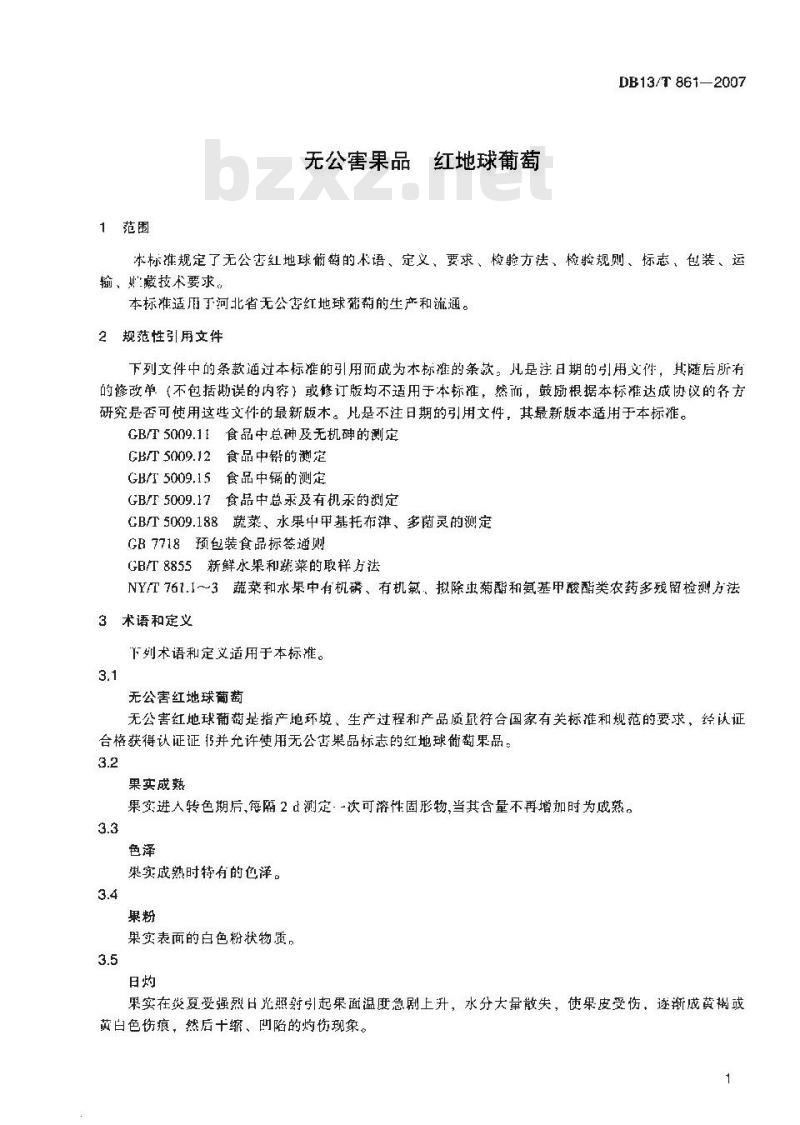 DB13/T 861-2007 无公害果品红地球葡萄