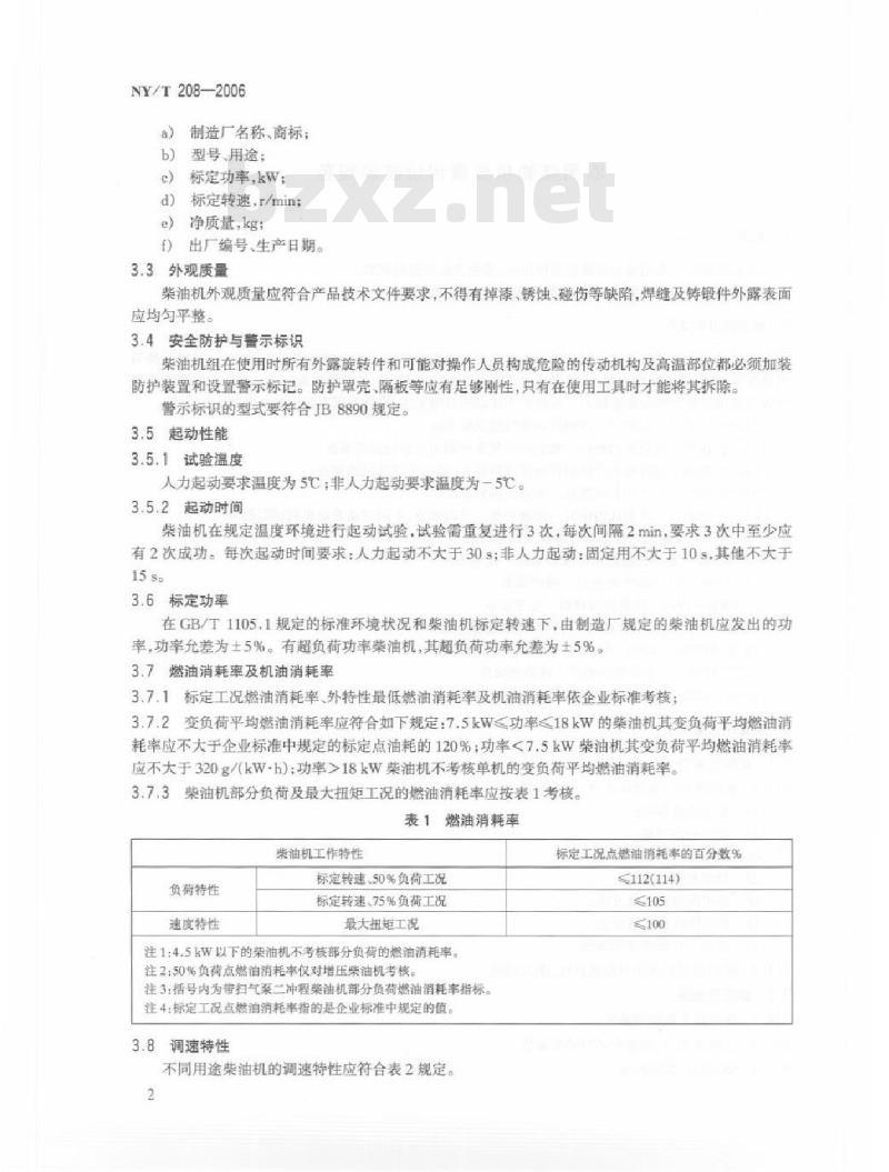 NY/T 208-2006 农用柴油机质量评价技术规范