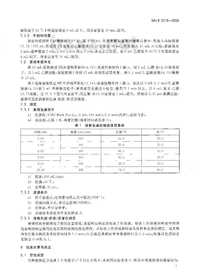 SN/T 2219-2008 进出口动物源性食品中氨苯砜及其代谢物残留量的检测方法 液相色谱-质谱/质谱法