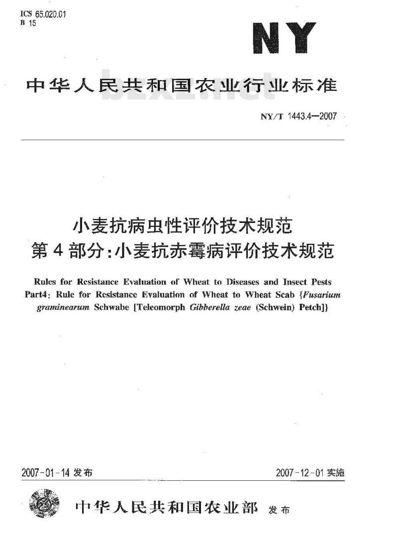 NY/T 1443.4-2007 小麦抗病虫性评价技术规范 第4部分:小麦抗赤霉病评价技术规范