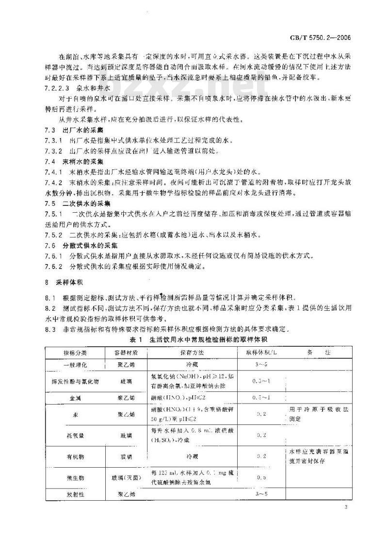 GB/T 5750.2-2006 生活饮用水标准检验方法 水样的采集和保存