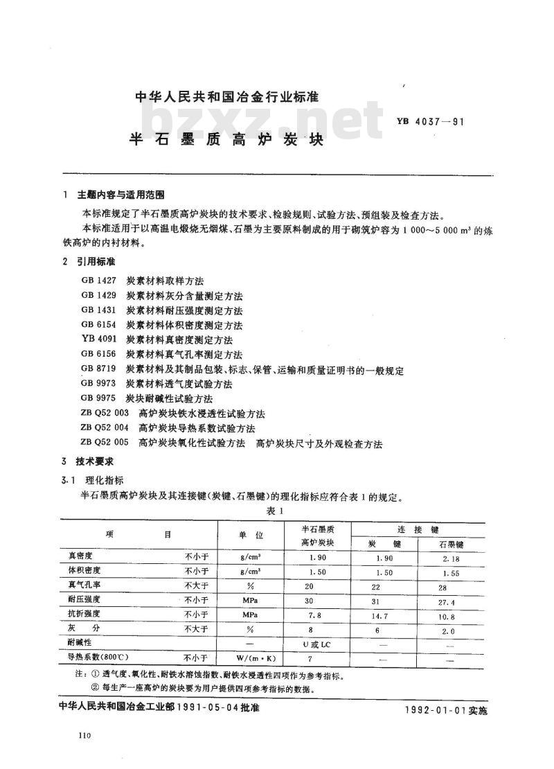 YB/T 4037-1991 半石墨质高炉炭块
