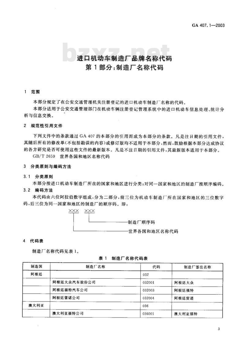 GA 407.1-2003 进口机动车制造厂品牌名称代码 第1部分:制造厂各称代码