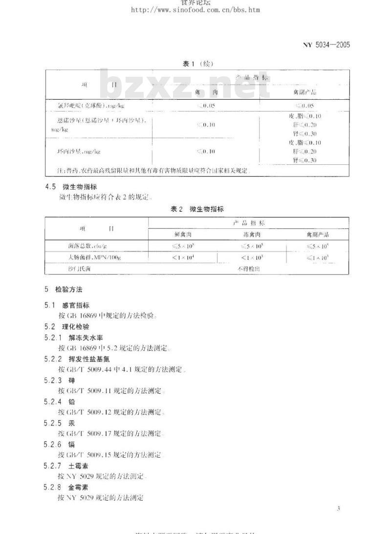 NY 5034-2005 无公害食品禽肉及禽副产品