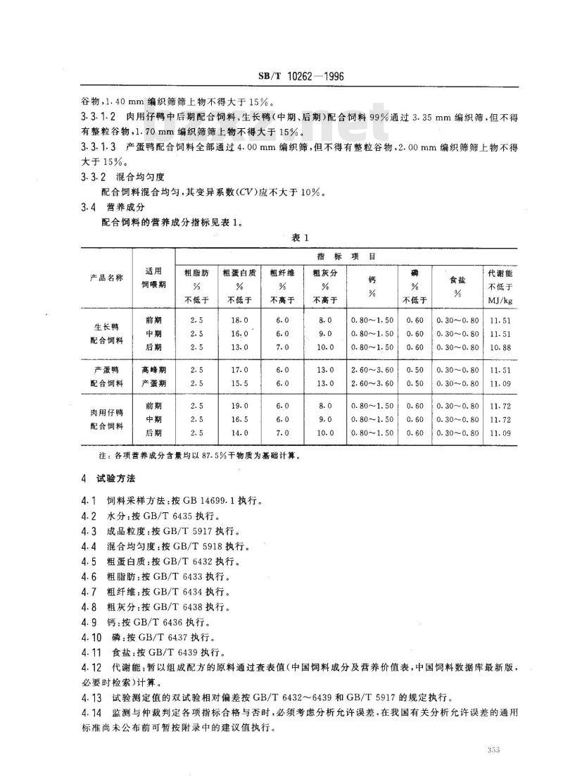 SB/T 10262-1996 生长鸭、产蛋鸭、肉用仔鸭配合饲料