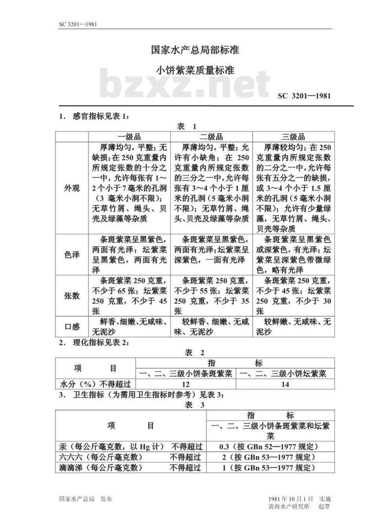 SC 3201-1981 小饼紫菜质量标准