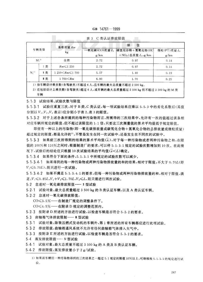 GB 14761-1999 汽车排放污染物限值及测试方法