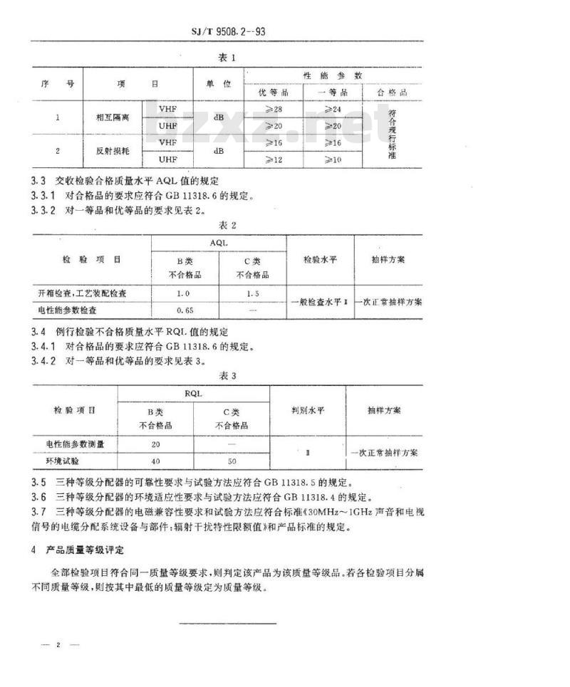 SJ/T 9508.2-1993 ３０ＭＨｚ～１ＧＨｚ声音和电视信号的电缆分配系统 分配器质量分等标准