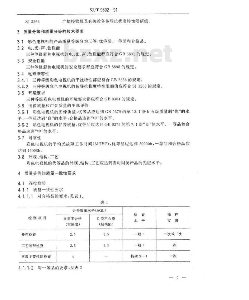 SJ/T 9502-1991 彩色电视广播接收机质量分等标准