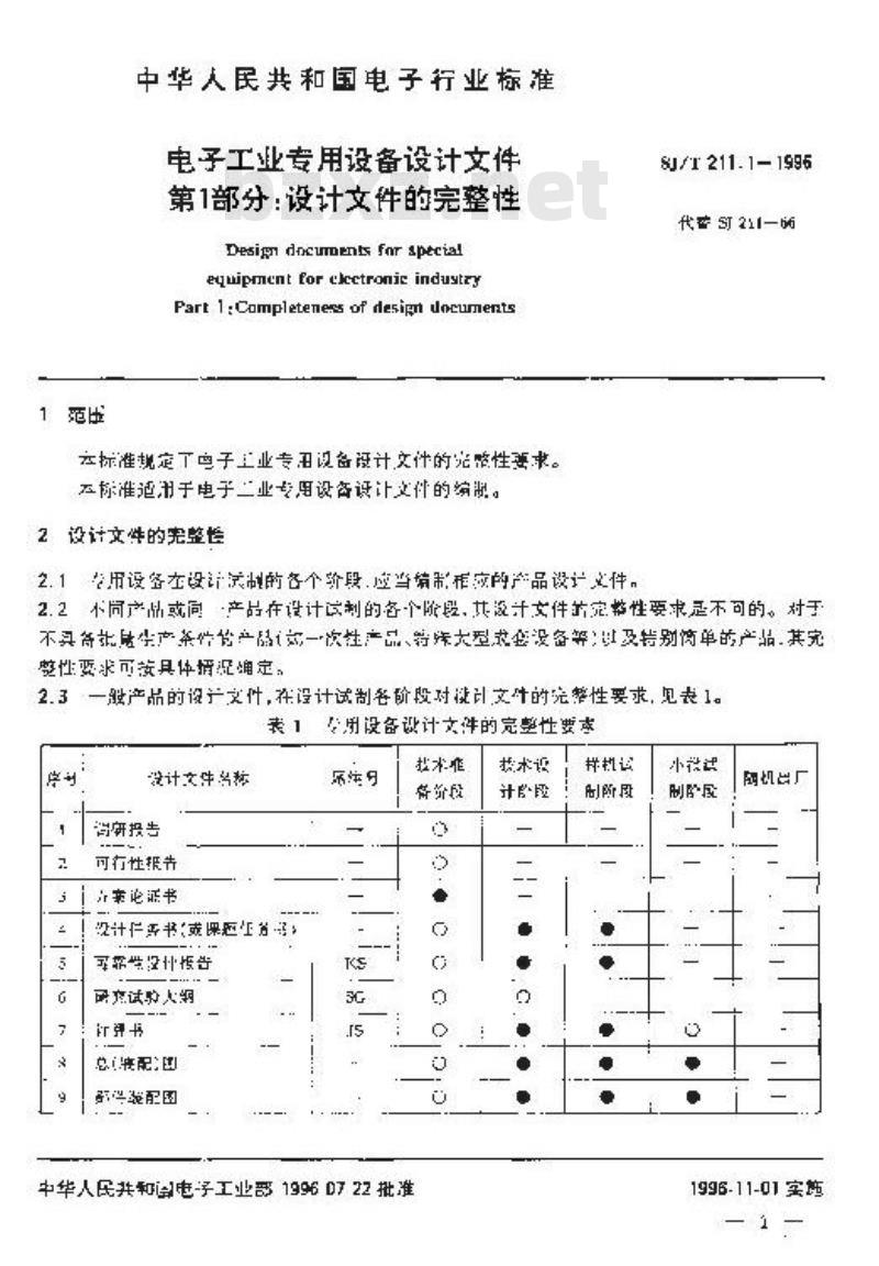 SJ/T 211.1-1996 电子工业专用设备设计文件 第１部分：设计文件的完整性
