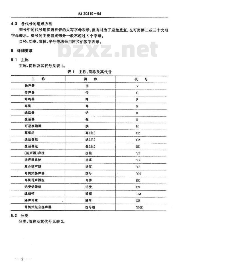 SJ 20410-1994 军用电声器件型号命名方法